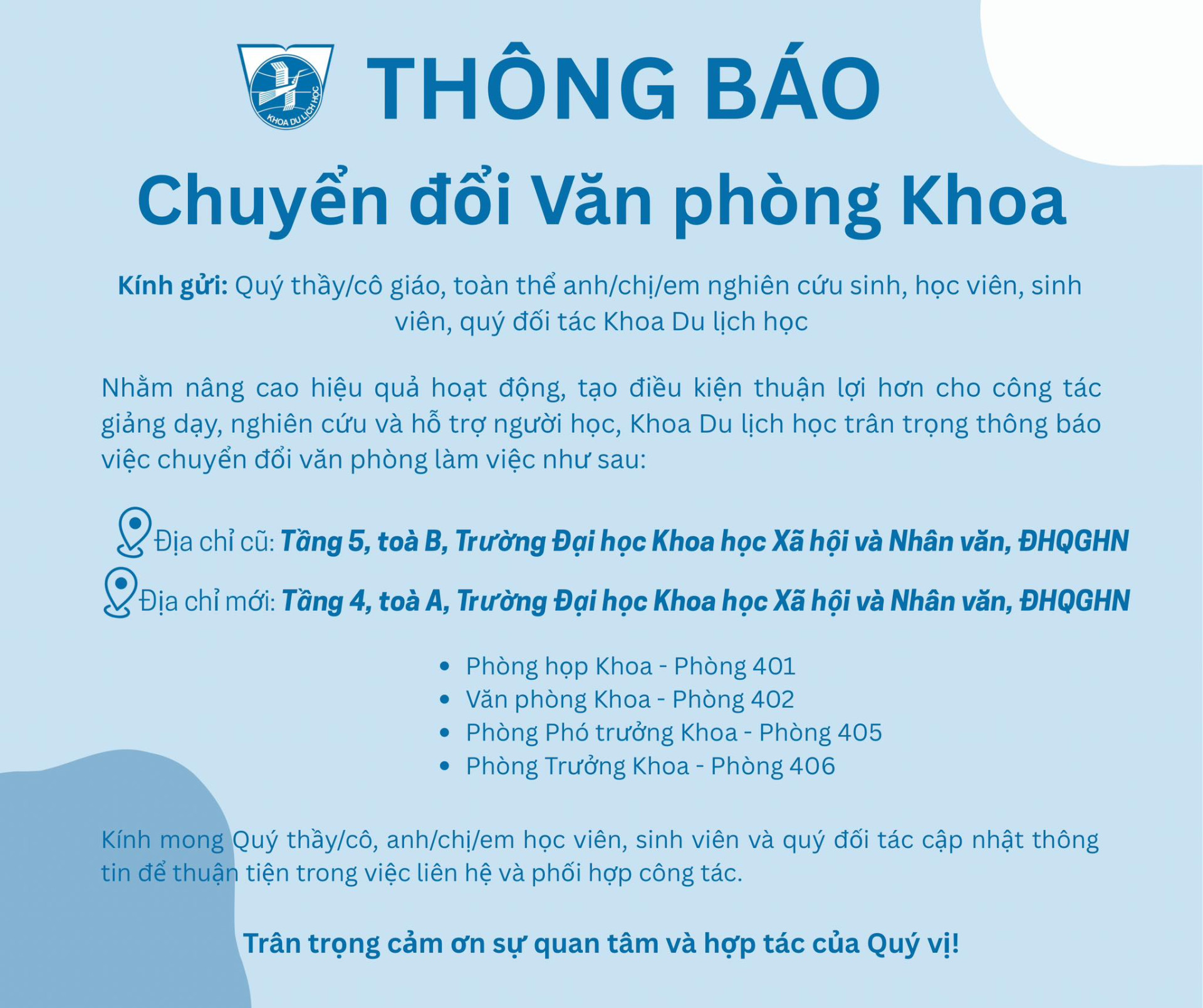 Khoa Du lịch học trân trọng thông báo về việc“Chuyển đổi Văn phòng Khoa”