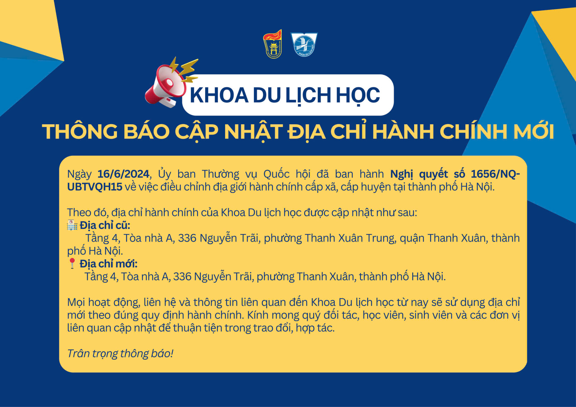 THÔNG BÁO CẬP NHẬT ĐỊA CHỈ HÀNH CHÍNH MỚI CỦA KHOA DU LỊCH HỌC