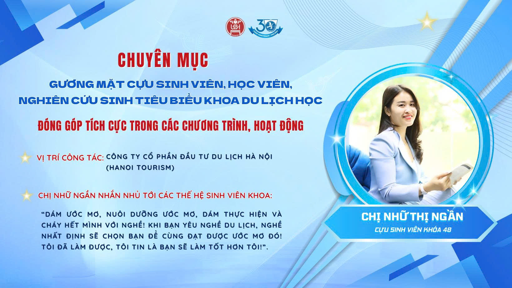 VINH DANH “GƯƠNG MẶT TIÊU BIỂU” – CHỊ NHỮ THỊ NGẦN – CỰU SINH VIÊN CHÍNH QUY KHÓA 48, PHÓ CHỦ TỊCH HỘI ĐỒNG QUẢN TRỊ KIÊM TỔNG GIÁM ĐỐC CÔNG TY CỔ PHẦN ĐẦU TƯ DU LỊCH HÀ NỘI